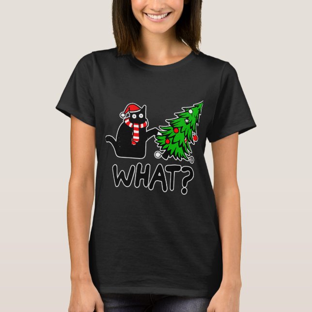 Funny Black Cat Pushing Christmas Tree T-Shirt (Front)