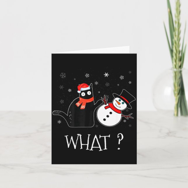Funny Black Cat Pushing Snowman Christmas Winter C Card (Front)