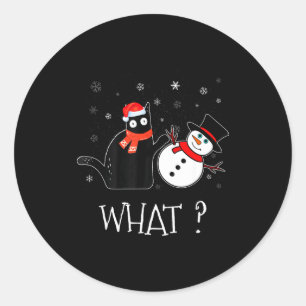 Funny Black Cat Pushing Snowman Christmas Winter C Classic Round Sticker