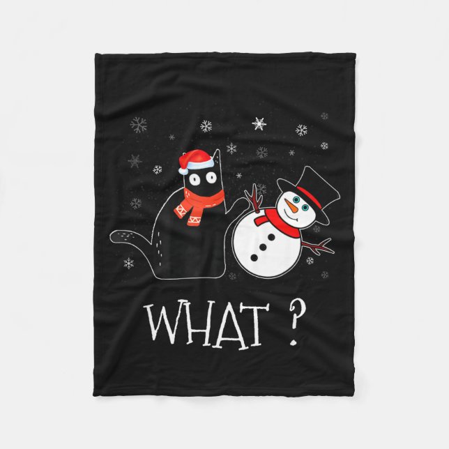 Funny Black Cat Pushing Snowman Christmas Winter C Fleece Blanket (Front)