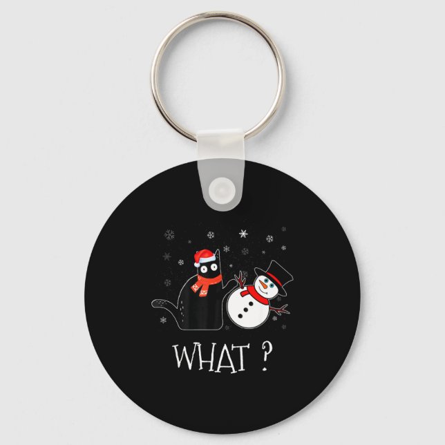 Funny Black Cat Pushing Snowman Christmas Winter C Key Ring (Front)