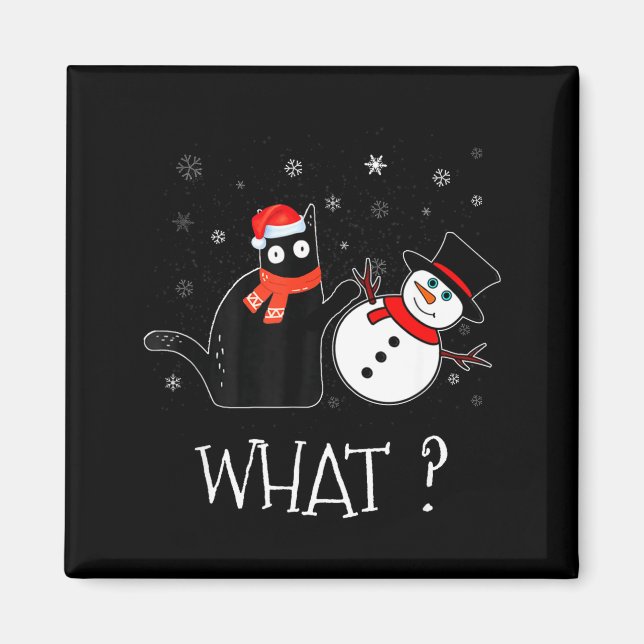 Funny Black Cat Pushing Snowman Christmas Winter C Magnet (Front)