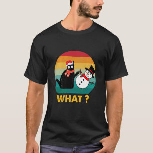 Funny Black cat Pushing Snowman Shirt Retro Vintag