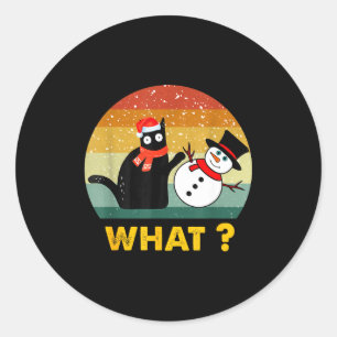Funny Black Cat Pushing Snowman Xmas Winter Costum Classic Round Sticker