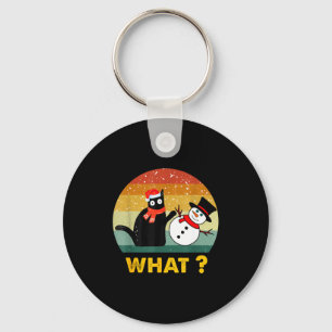 Funny Black Cat Pushing Snowman Xmas Winter Costum Key Ring