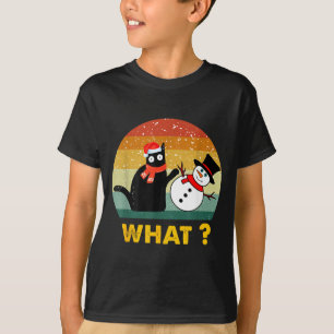 Funny Black Cat Pushing Snowman Xmas Winter Costum T-Shirt
