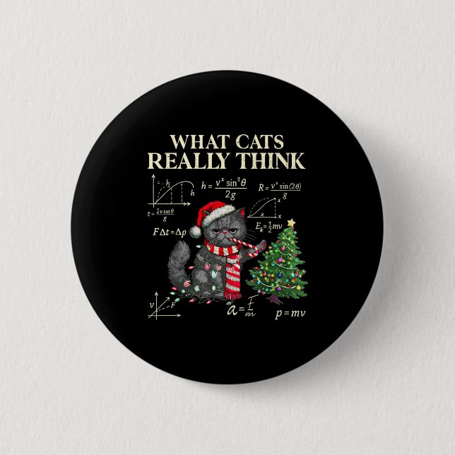 Funny Black Cat Pushing Xmas Tree Over Cats Physic 6 Cm Round Badge (Front)