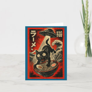 Funny Black Cat Ramen Alien Ufo Abduction Japanese Card