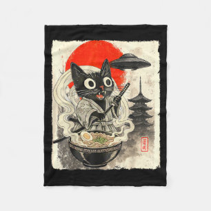 Funny Black Cat Ramen Alien Ufo Abduction Japanese Fleece Blanket