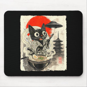 Funny Black Cat Ramen Alien Ufo Abduction Japanese Mouse Mat