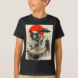 Funny Black Cat Ramen Alien Ufo Abduction Japanese T-Shirt