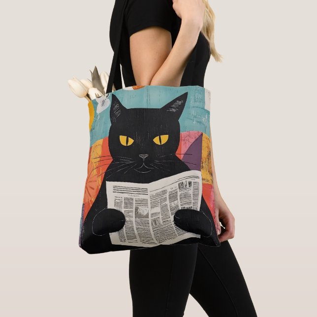 Funny Black cat Reading Newspaper Tote Bag (Close Up)