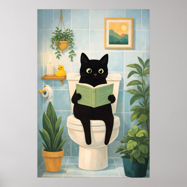 Funny Black Cat Reading on Toilet Bathroom Print (Front)
