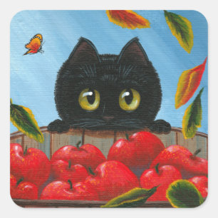 Funny Black Cat Red Apples Creationarts Square Sticker