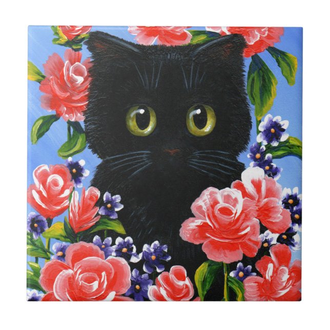 Funny Black Cat Red Roses Flowers Tile (Front)