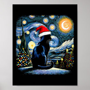 Funny Black Cat Santa Hat Christmas Night Merry Ch Poster