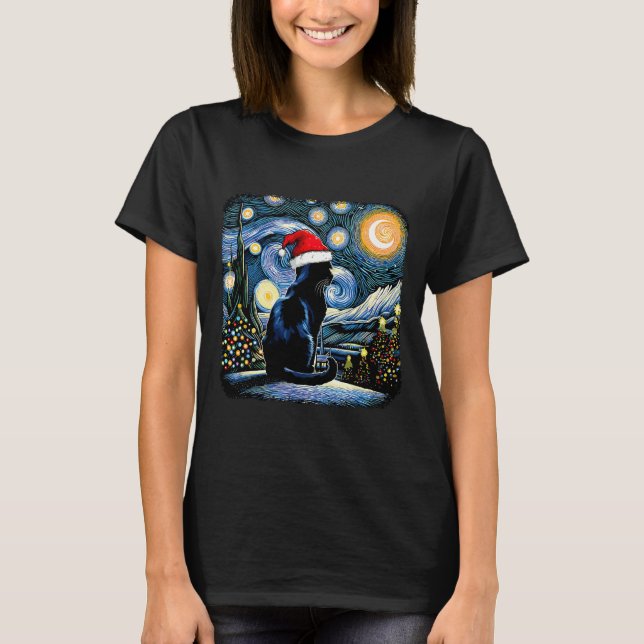 Funny Black Cat Santa Hat Christmas Night Merry Ch T-Shirt (Front)