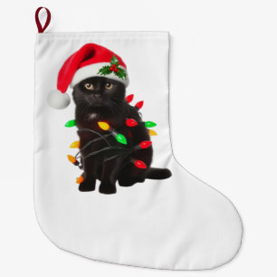 Funny Black Cat Santa Hat Christmas Tree Lights Large Christmas Stocking