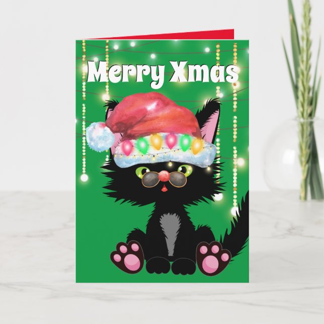 Funny black cat Santa hat tree lights humour Card (Front)