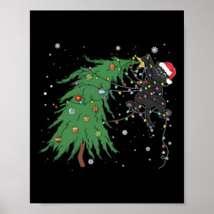 Funny Black Cat Santa Tangled Up In Christmas Tree Poster