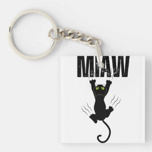 Funny Black Cat Scratching "MIAW" Graphic Square Key Ring