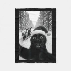Funny Black Cat Selfie With Santa Christmas  Fleece Blanket