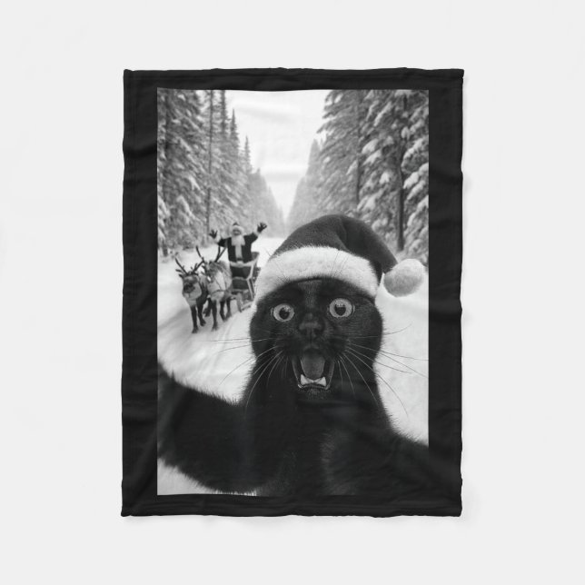 Funny Black Cat Selfie With Santa Christmas  Fleece Blanket (Front)