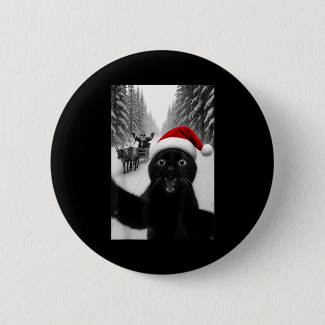Funny Black Cat Selfie With Santa Christmas Men Wo 6 Cm Round Badge (Front)