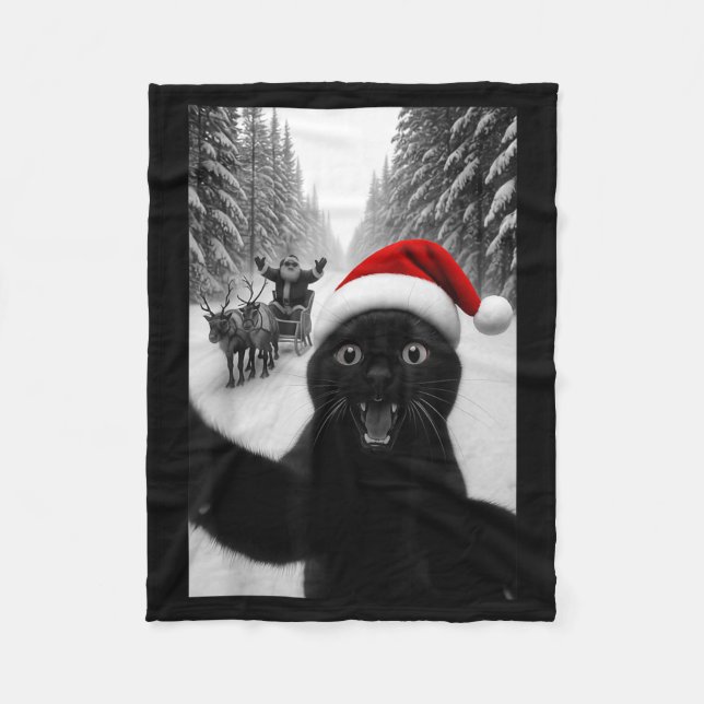 Funny Black Cat Selfie With Santa Christmas Men Wo Fleece Blanket (Front)