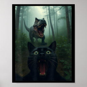Funny Black Cat Selfie With T-rex Dinosaur Forest  Poster