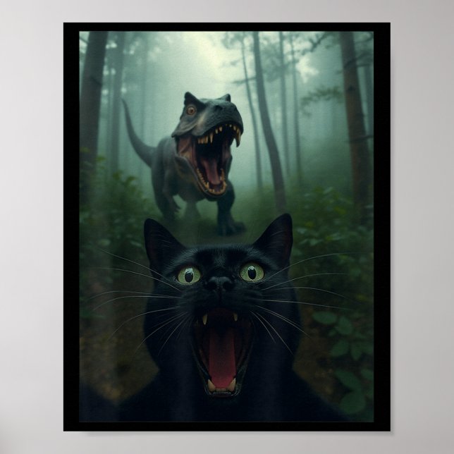 Funny Black Cat Selfie With T-rex Dinosaur Forest  Poster (Front)