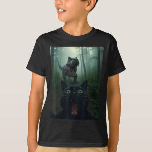 Funny Black Cat Selfie With T-rex Dinosaur Forest T-Shirt