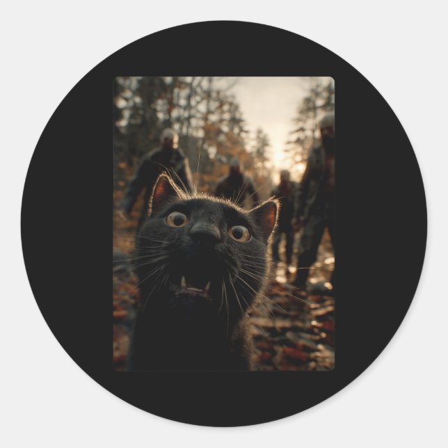 Funny Black Cat Selfie With Zombies Feline Animal  Classic Round Sticker (Front)