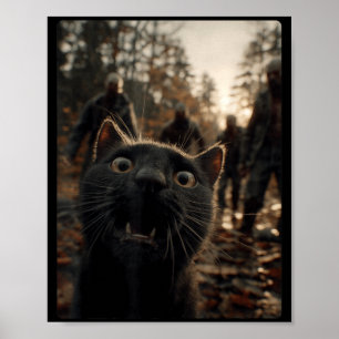 Funny Black Cat Selfie With Zombies Feline Animal Poster