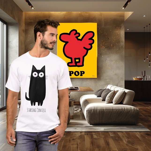 Funny Black Cat Staring Contest | Cute Cat Humour T-Shirt (Creator Uploaded)