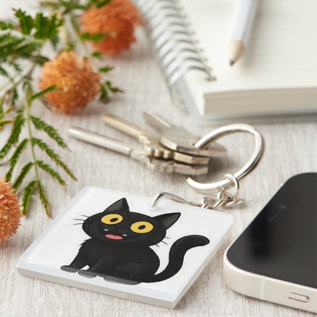  Funny Black Cat Sticker with Yellow Eyes Key Ring (Front Right)