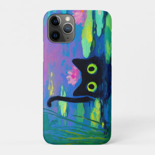 Funny Black Cat Swimming in Pond Quirky Art iPhone 11 Pro Case