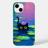 Funny Black Cat Swimming in Pond | Quirky Art
