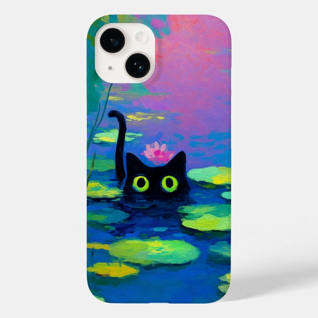 Funny Black Cat Swimming in Pond | Quirky Art Case-Mate iPhone Case (Back)