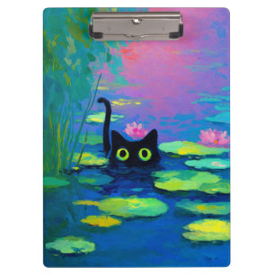 Funny Black Cat Swimming in Pond   Quirky Art Clipboard