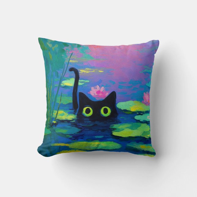 Funny Black Cat Swimming in Pond | Quirky Art Cushion (Front)
