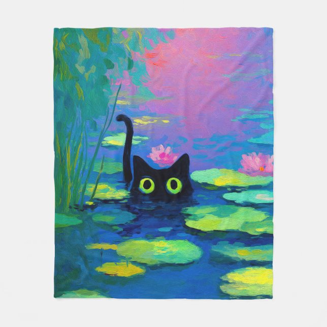 Funny Black Cat Swimming in Pond | Quirky Art Fleece Blanket (Front)