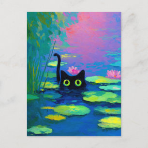 Funny Black Cat Swimming in Pond Quirky Art Holiday Postcard
