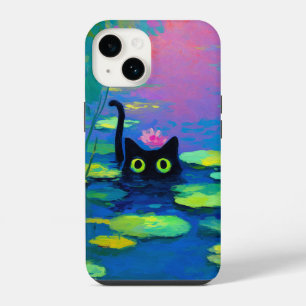 Funny Black Cat Swimming in Pond Quirky Art iPhone 14 Case