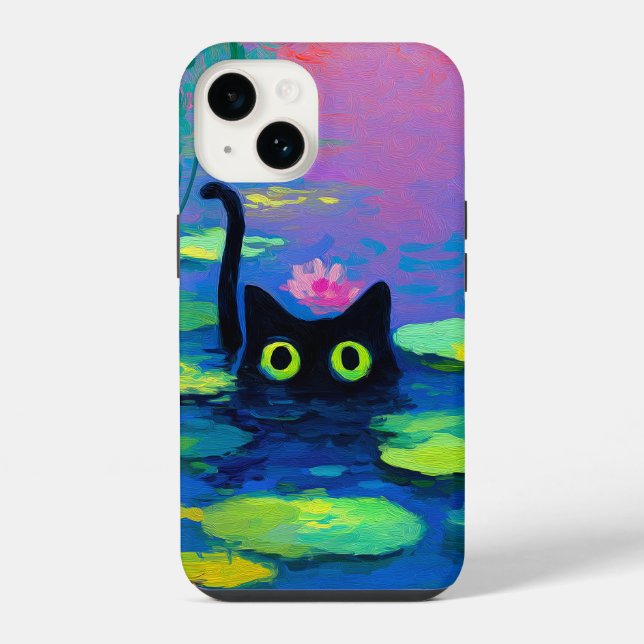 Funny Black Cat Swimming in Pond | Quirky Art iPhone Case (Back)