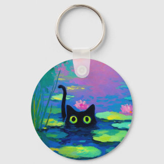 Funny Black Cat Swimming in Pond | Quirky Art Key Ring