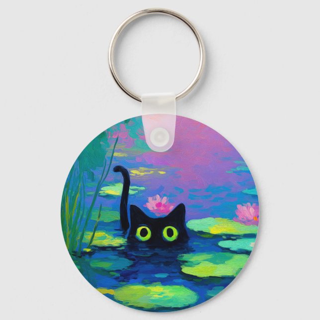 Funny Black Cat Swimming in Pond | Quirky Art Key Ring (Front)