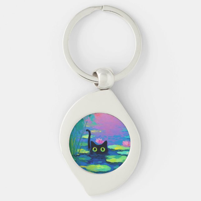 Funny Black Cat Swimming in Pond | Quirky Art Key Ring (Front)