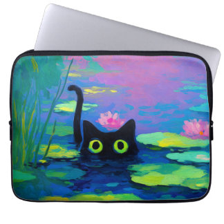 Funny Black Cat Swimming in Pond | Quirky Art Laptop Sleeve