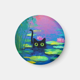 Funny Black Cat Swimming in Pond | Quirky Art Magnet